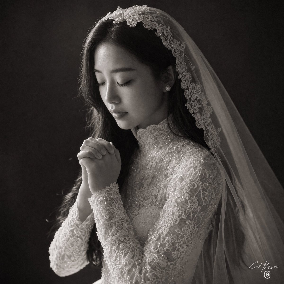 Monochrome Bridal Prayer Portrait AI image template preview