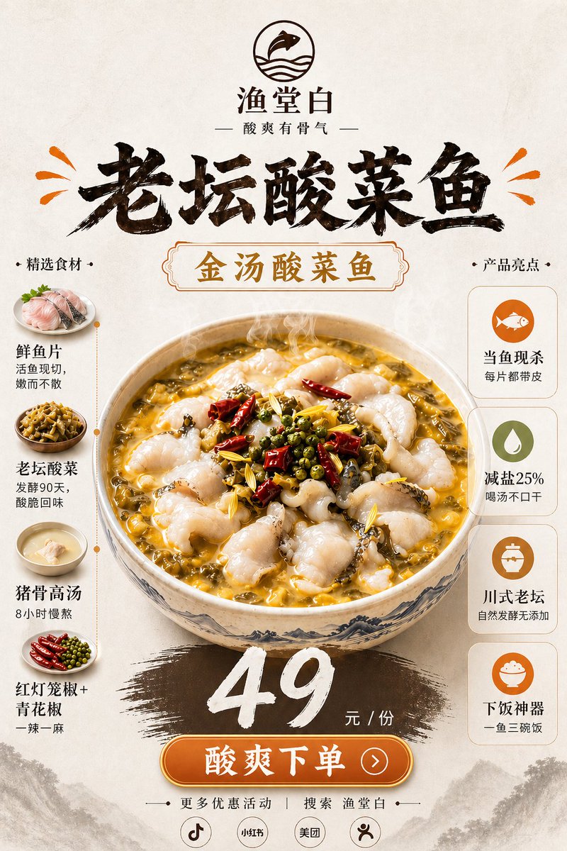 Chinese Sour Fish Restaurant Poster AI image template preview