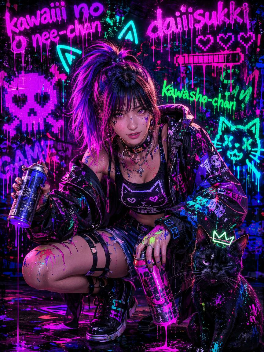 Neon Punk Graffiti Girl and Cat AI image template preview