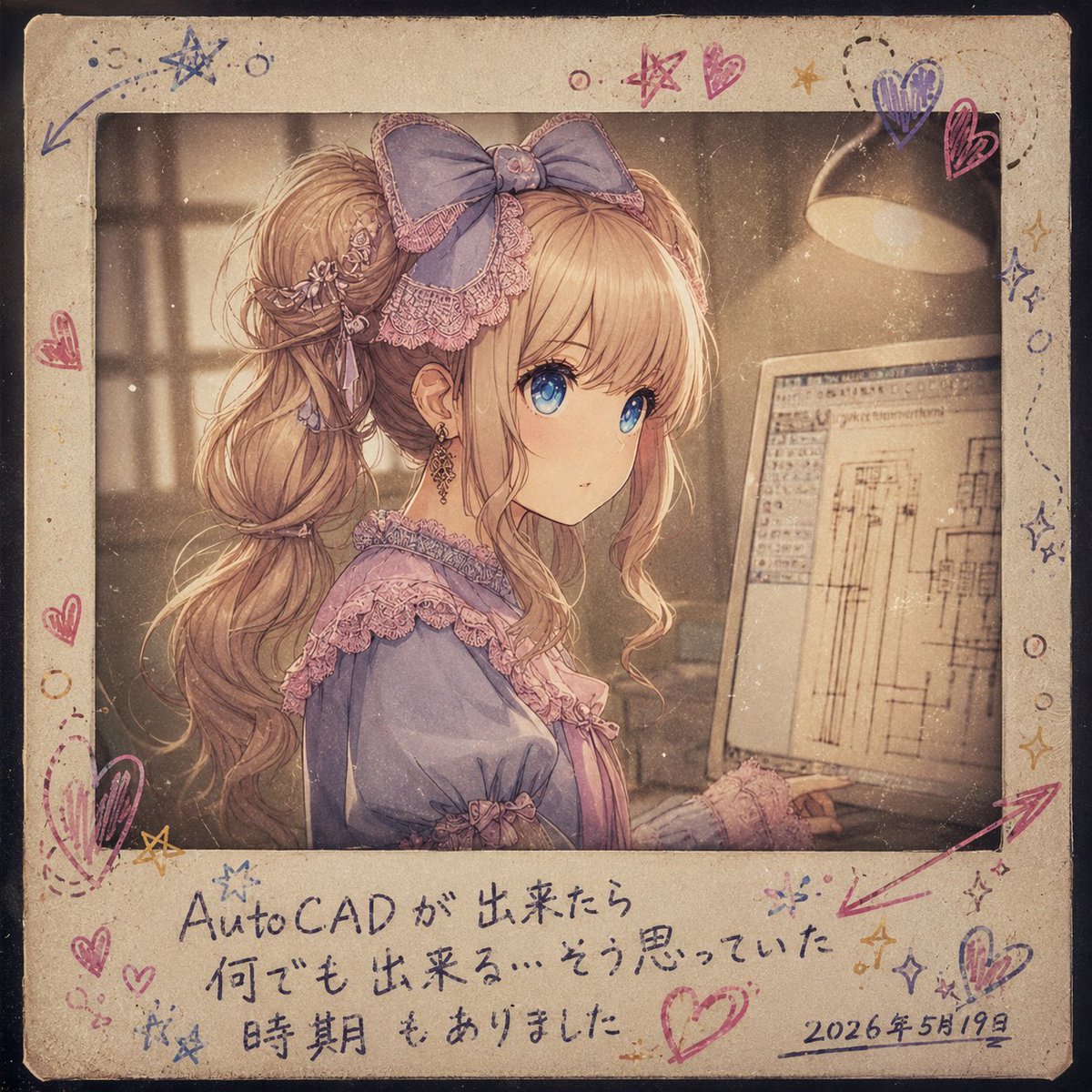 Melancholy AutoCAD Working Girl Polaroid AI image template preview