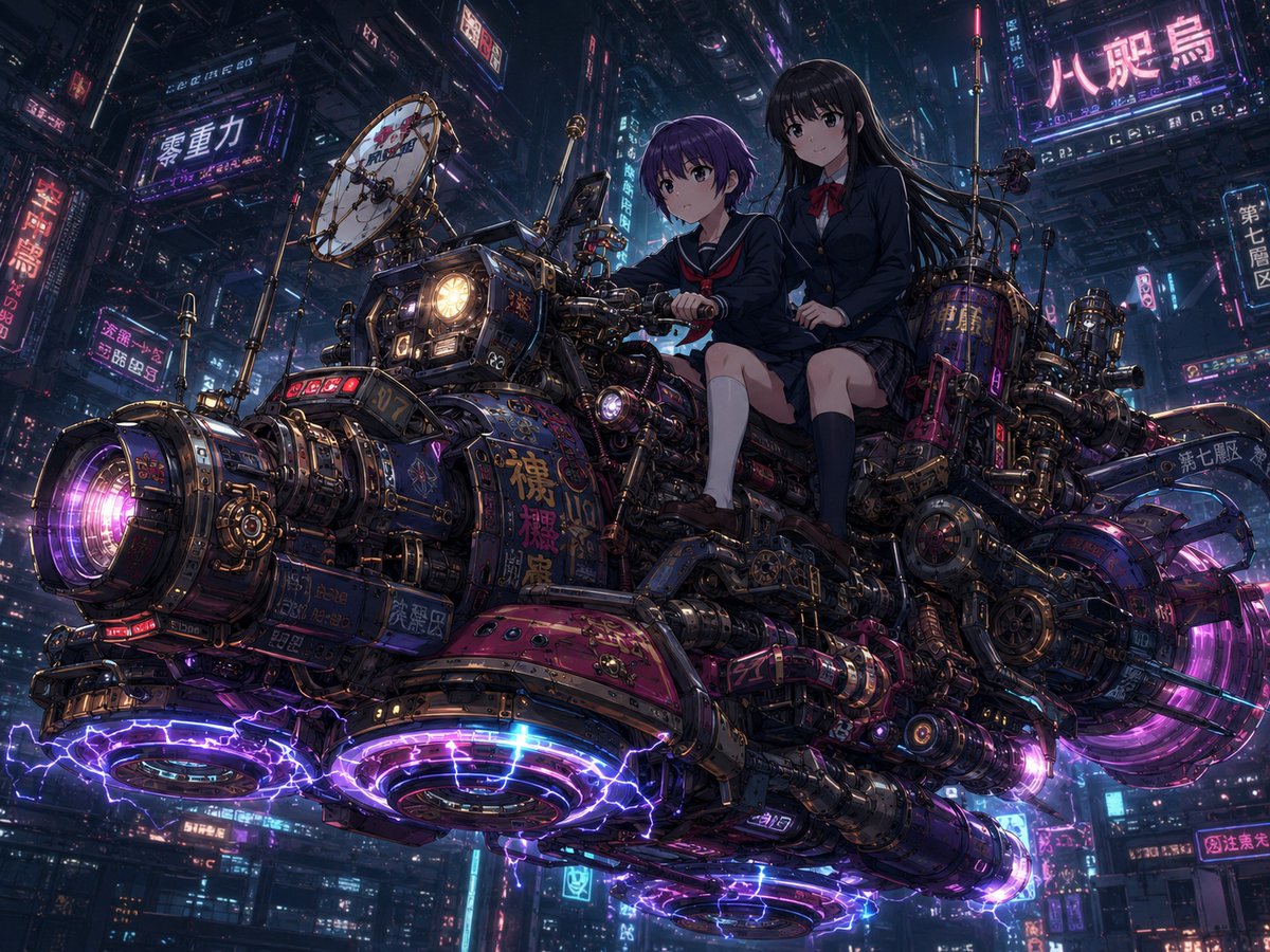 Cyberpunk Schoolgirl Air Bike AI image template preview