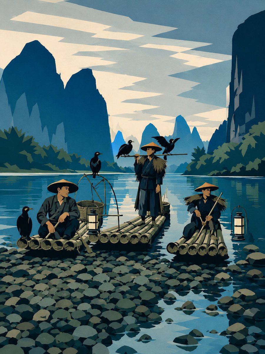 Minimalist Cormorant Fishing Poster AI image template preview