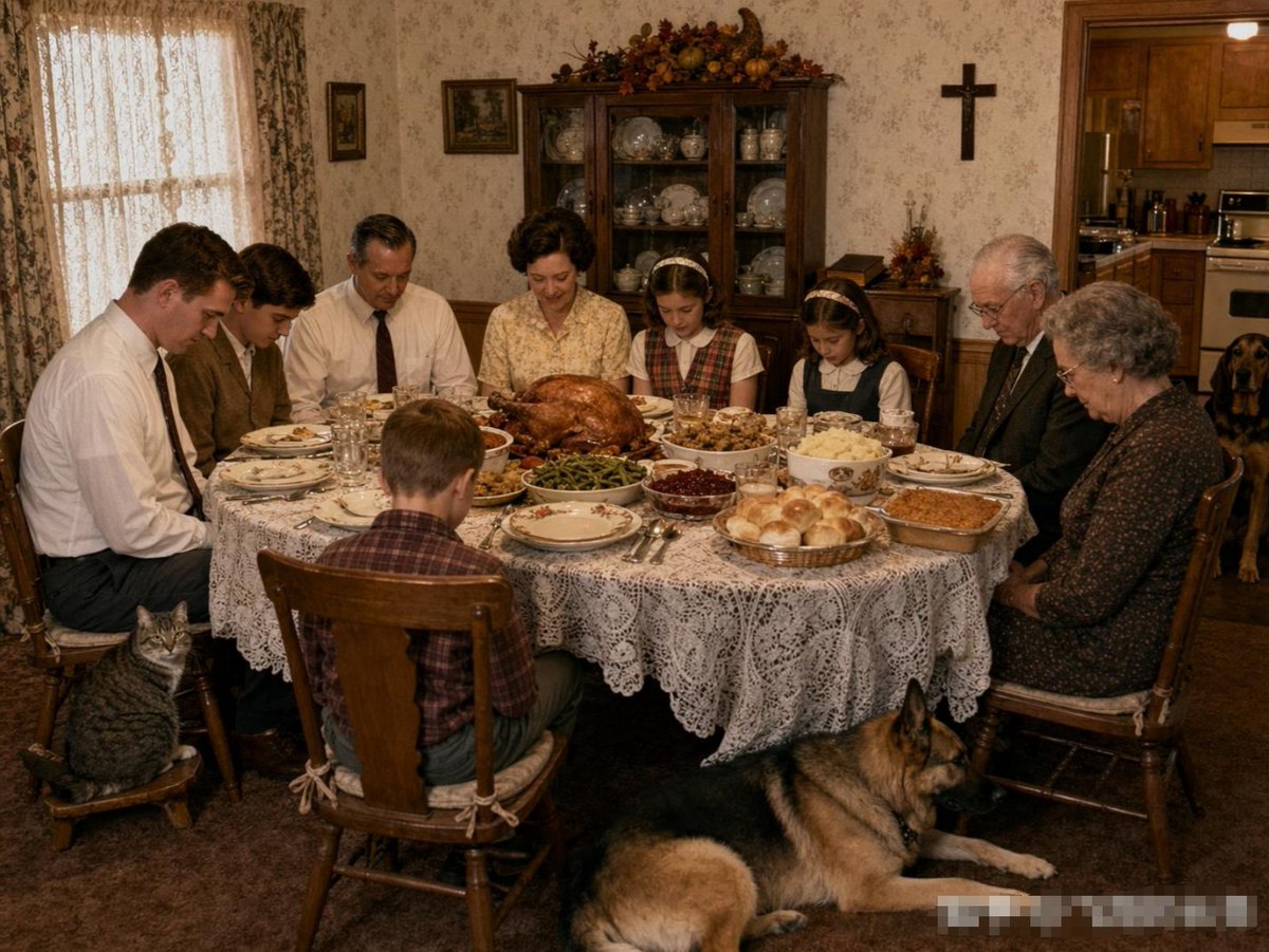 Uncanny Thanksgiving Family Dinner AI image template preview
