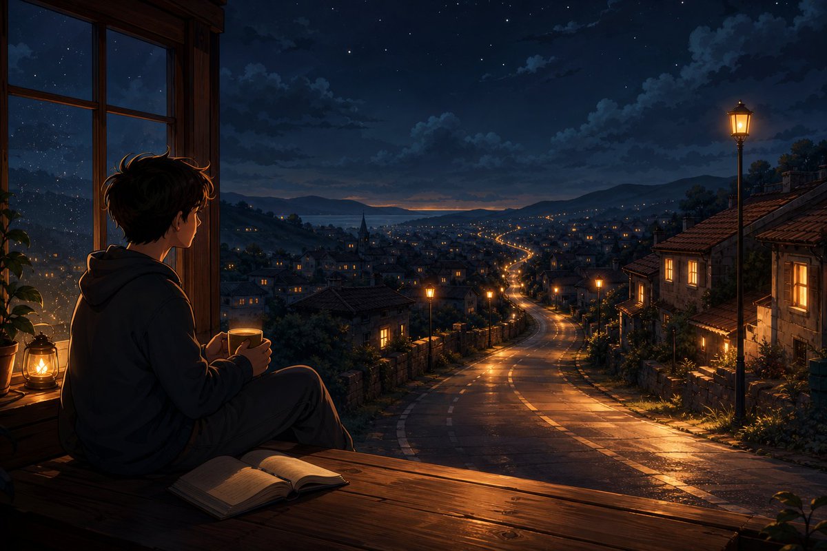 Anime Boy at Night Window AI image template preview