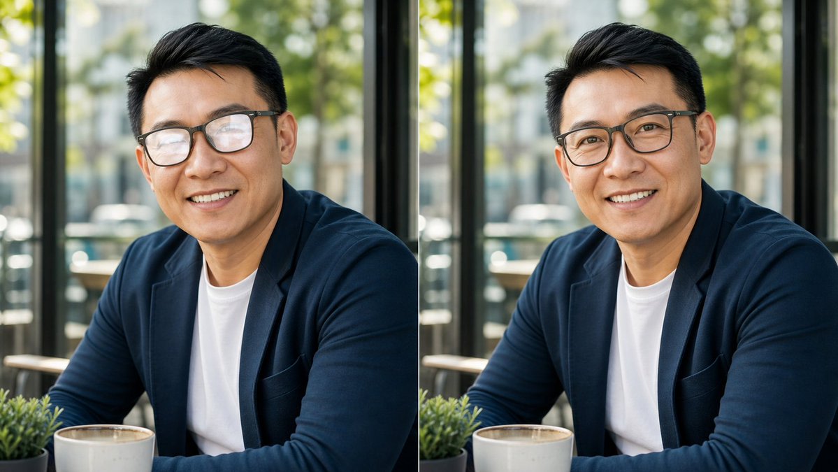 Cafe Portrait Glare Removal Comparison AI image template preview