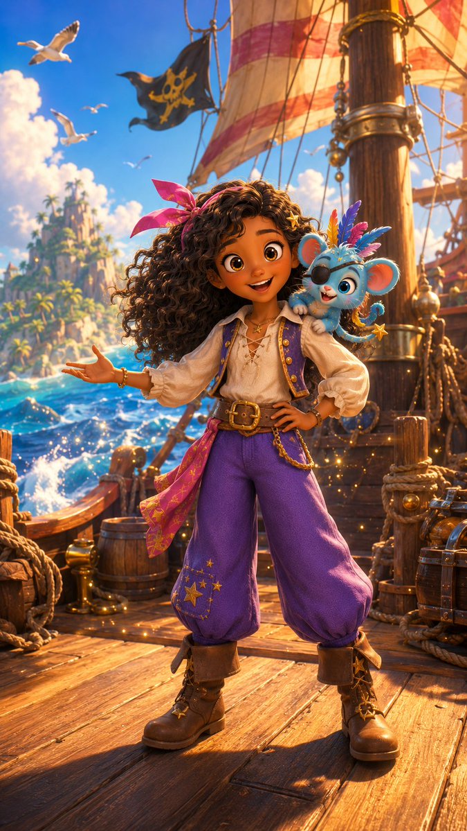 Whimsical Pirate Girl on Ship Deck AI image template preview