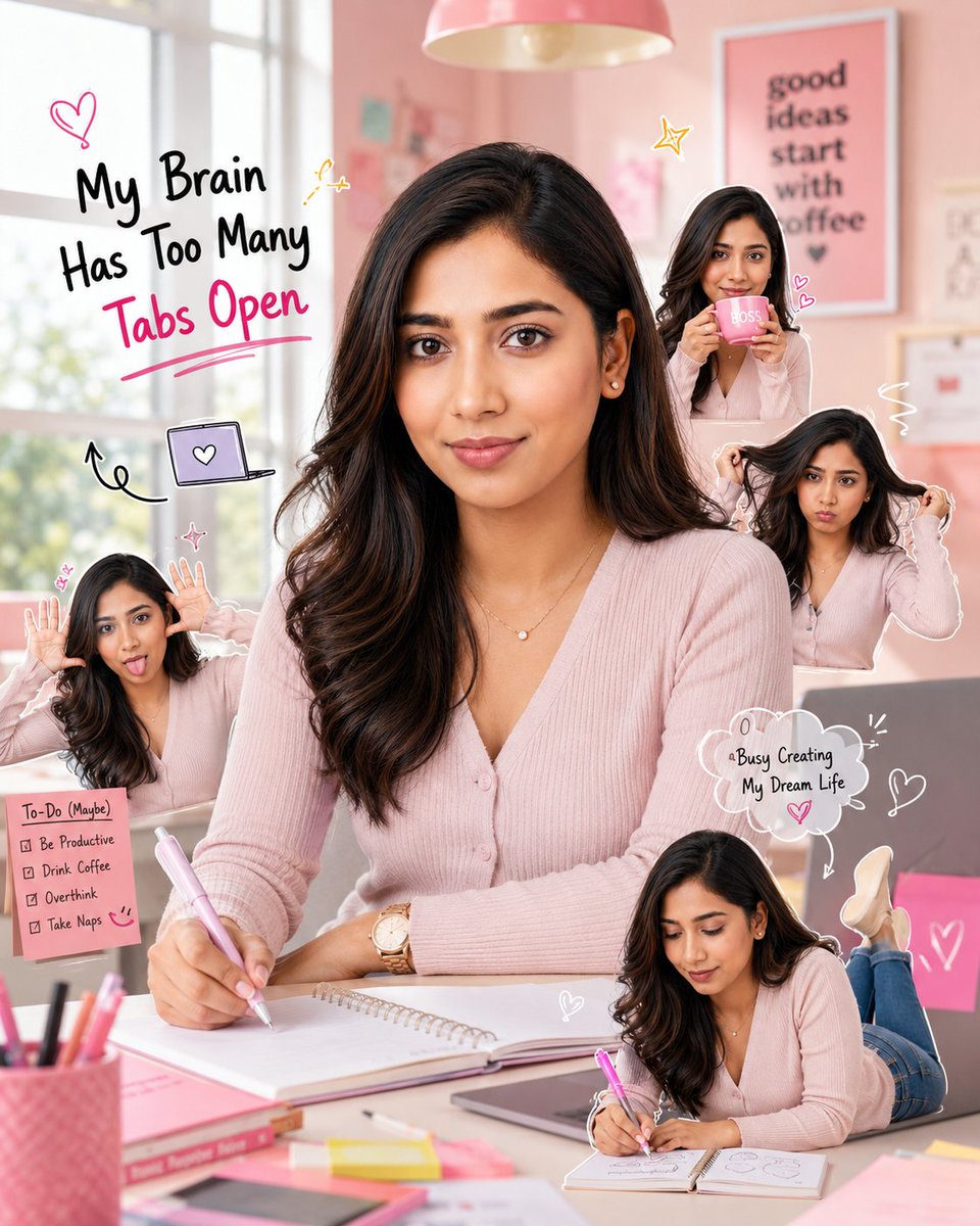 Creative Pink Office Portrait with Chibi Characters AI image template preview