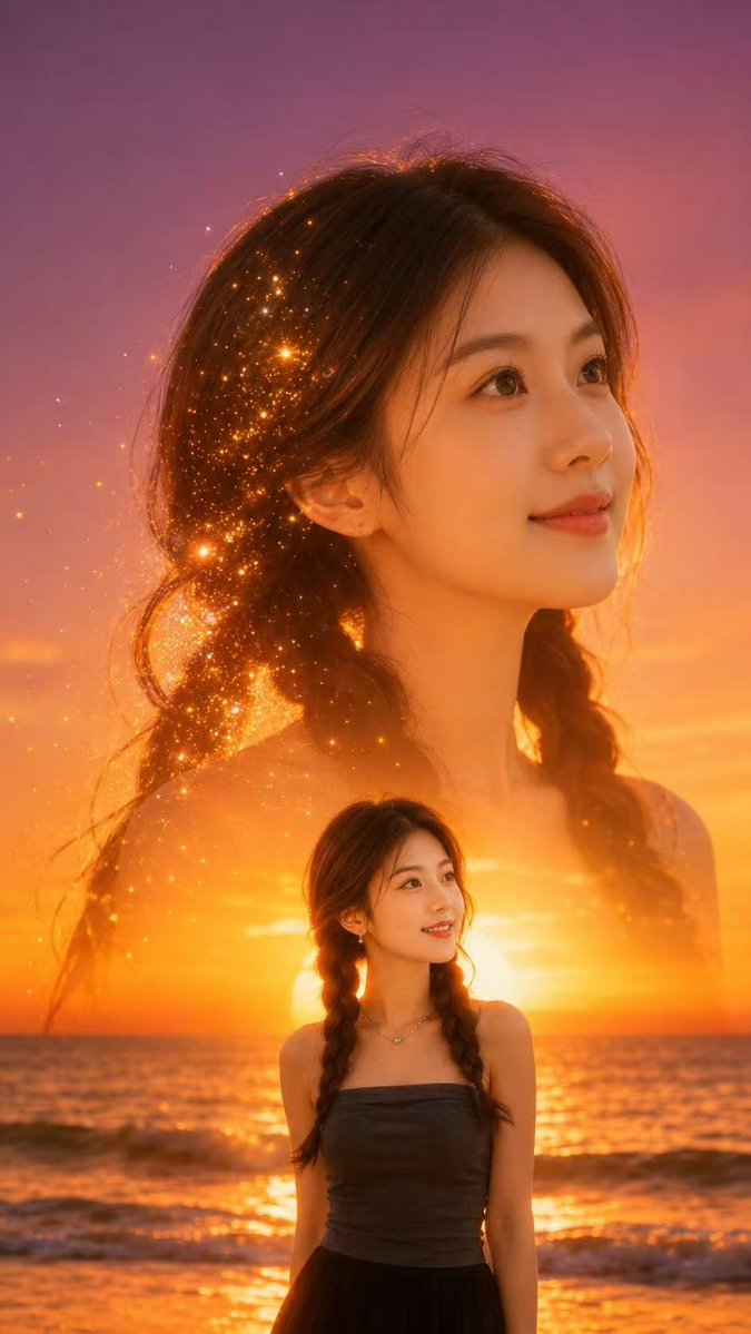 Double Exposure Sunset Beach Portrait AI image template preview