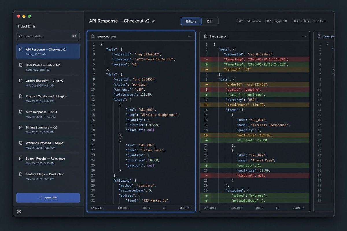 Dark JSON Diff Tool UI Mockup AI image template preview