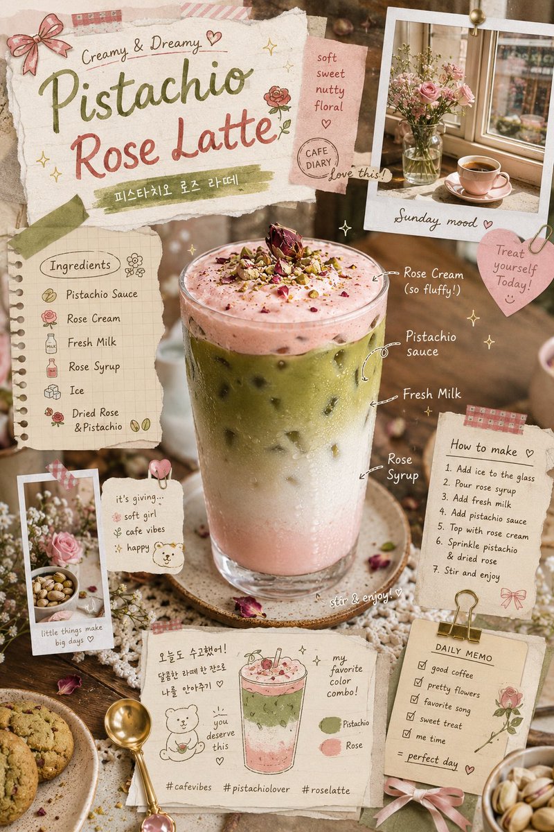 Pistachio Rose Latte Scrapbook Poster AI image template preview