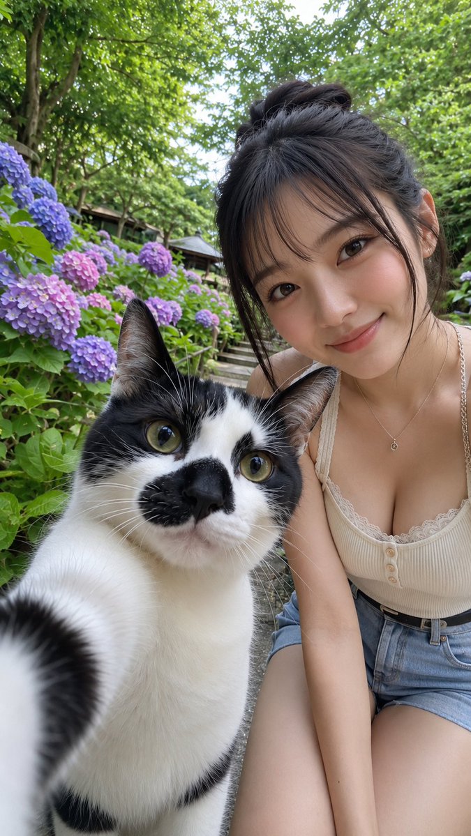 Japanese Style Selfie with Cat AI image template preview