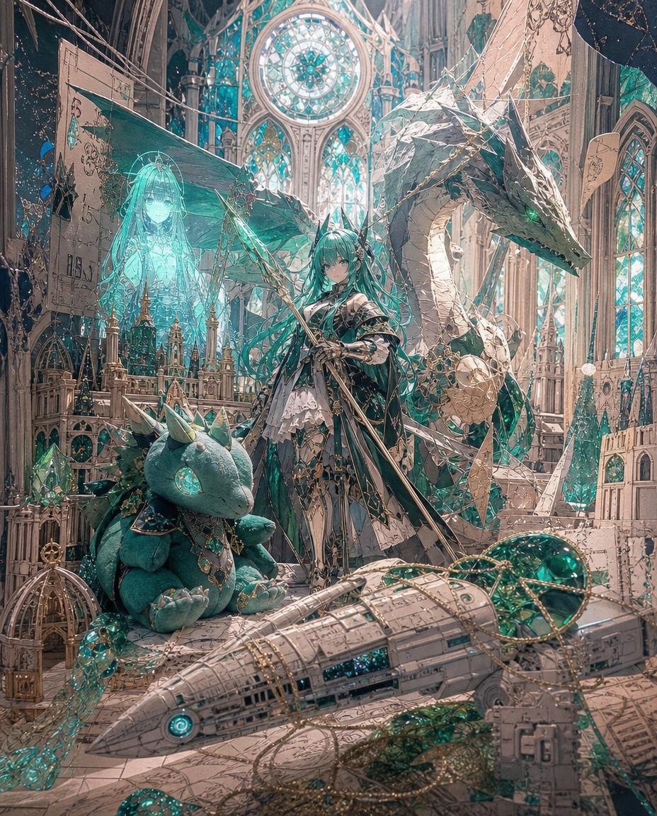 Teal Dragon Knight Cathedral Fantasy AI image template preview