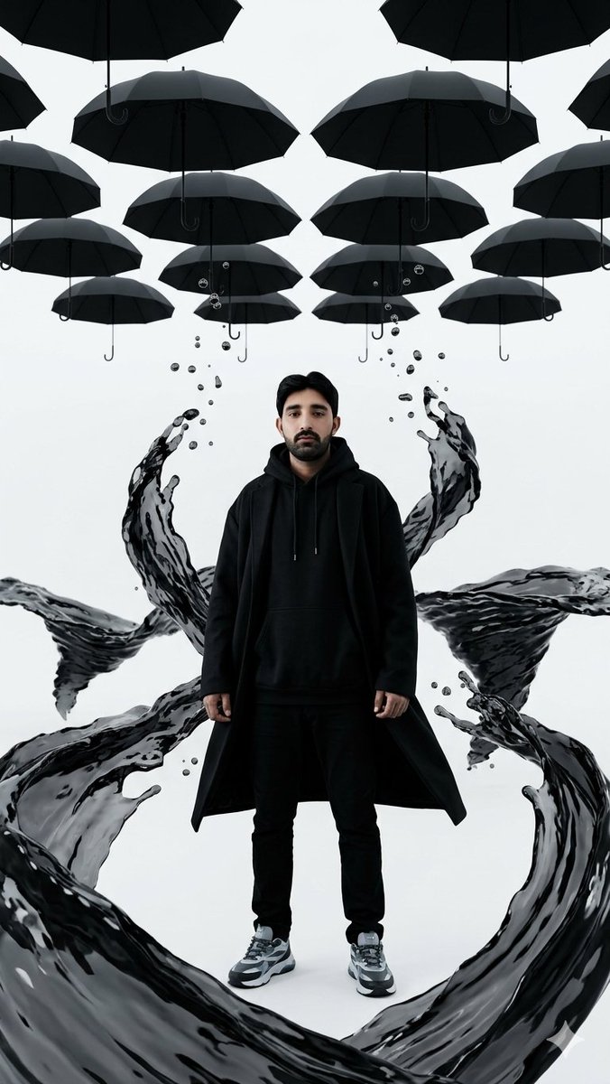 Surreal Man with Black Water and Umbrellas AI image template preview