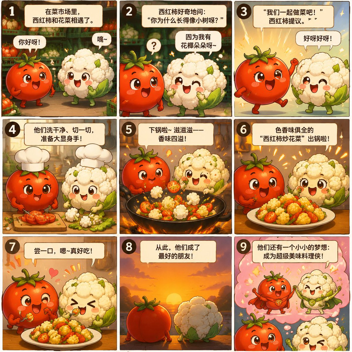 Nine-Panel Vegetable Anime Comic AI image template preview