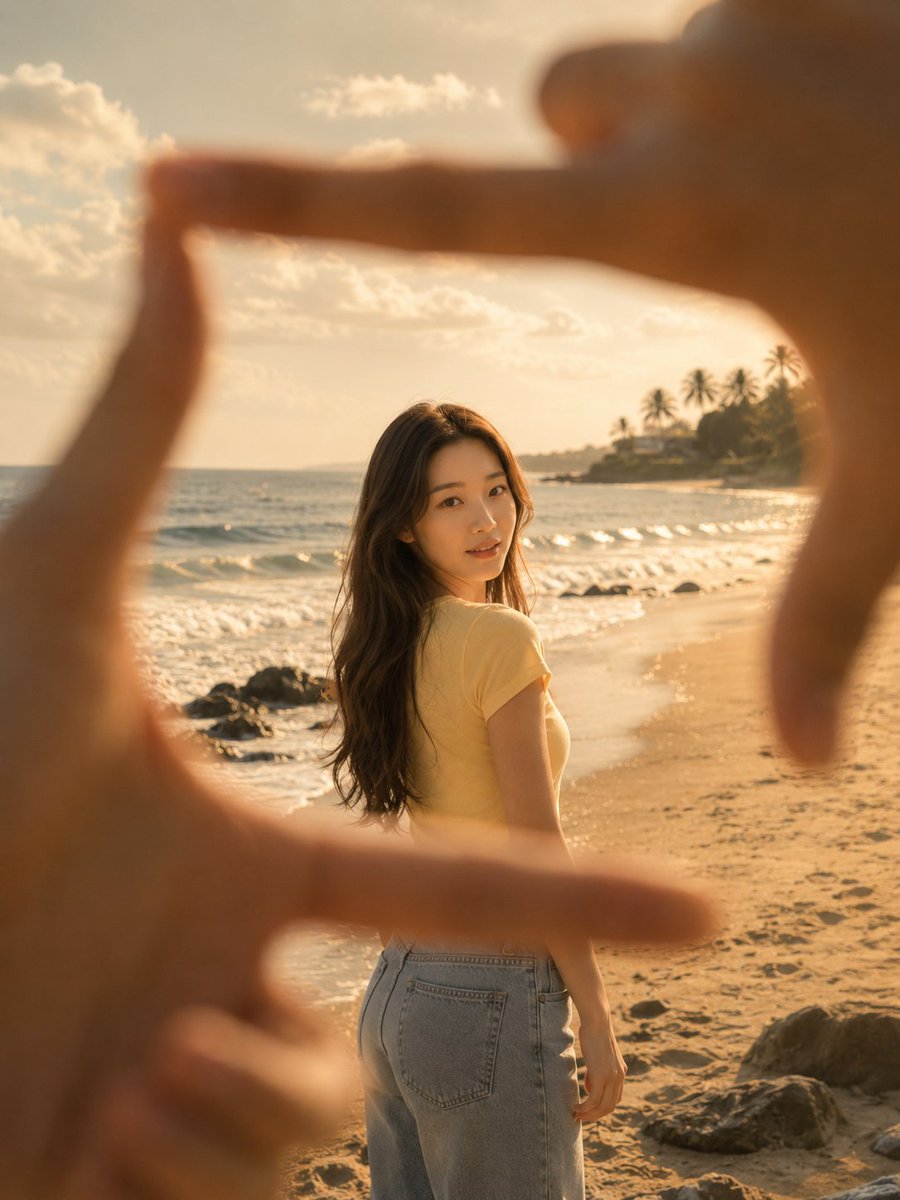First-Person Beach Finger Frame Portrait AI image template preview