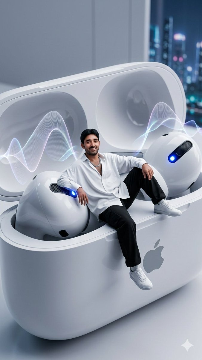 Miniature Man in Giant AirPods Ad AI image template preview