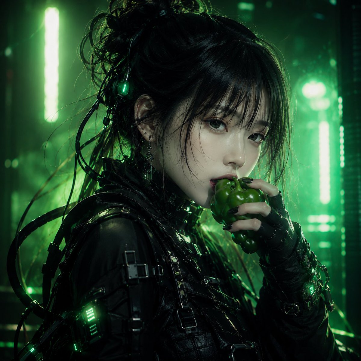 Cyberpunk Woman Eating Bell Pepper AI image template preview