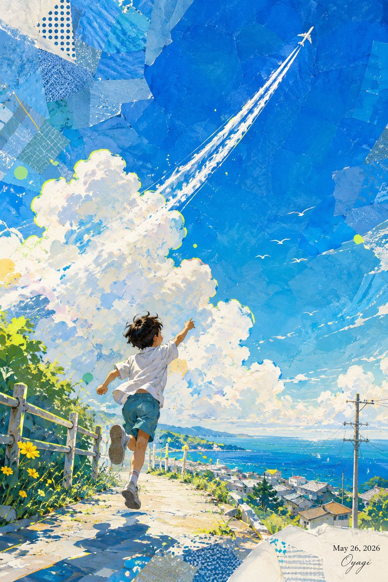 Boy Chasing Airplane Contrail AI image template preview