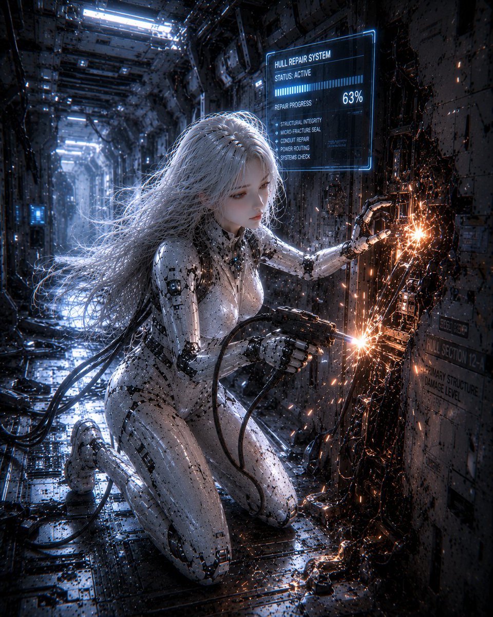 Female Android Repairing Spaceship Hull AI image template preview