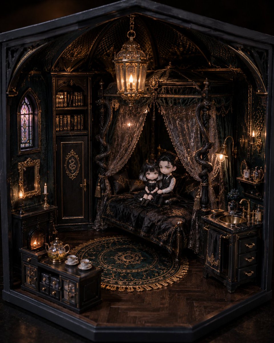 Gothic Miniature Dollhouse Bedroom AI image template preview