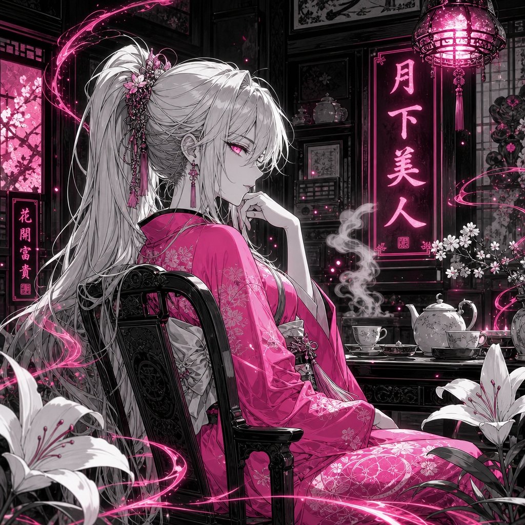 Neon Moonlit Anime Teahouse Beauty AI image template preview