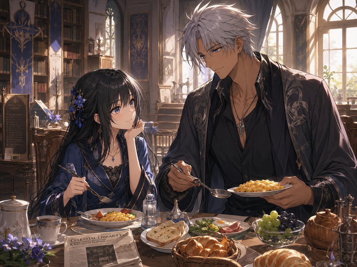 Fantasy Library Breakfast Scene AI image template preview