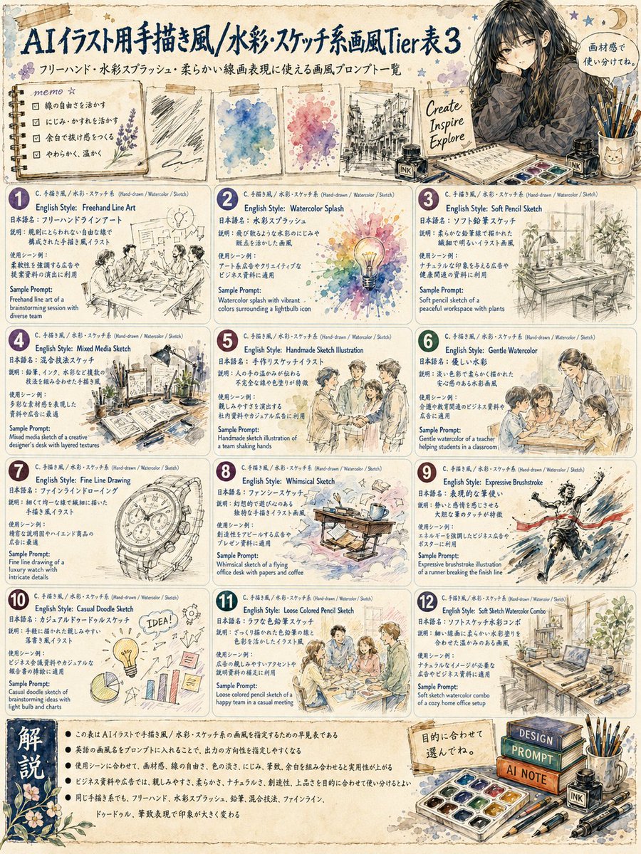 Japanese Watercolor Sketch Style Tier Poster AI image template preview