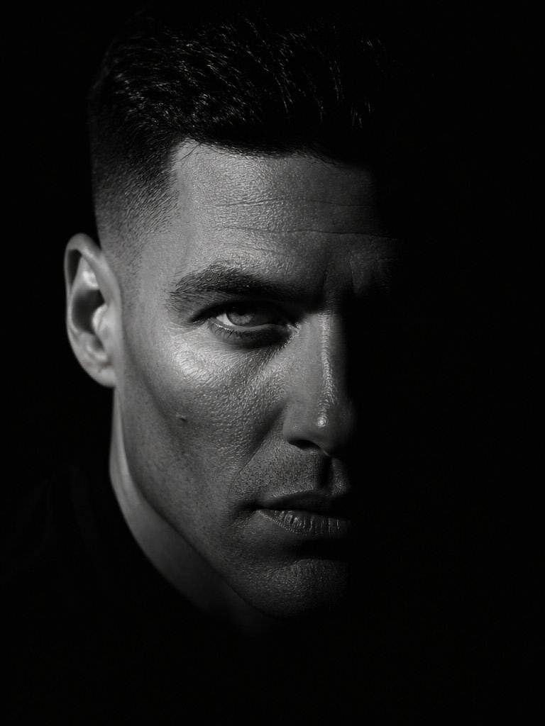 Dramatic Chiaroscuro Male Editorial Portrait AI image template preview