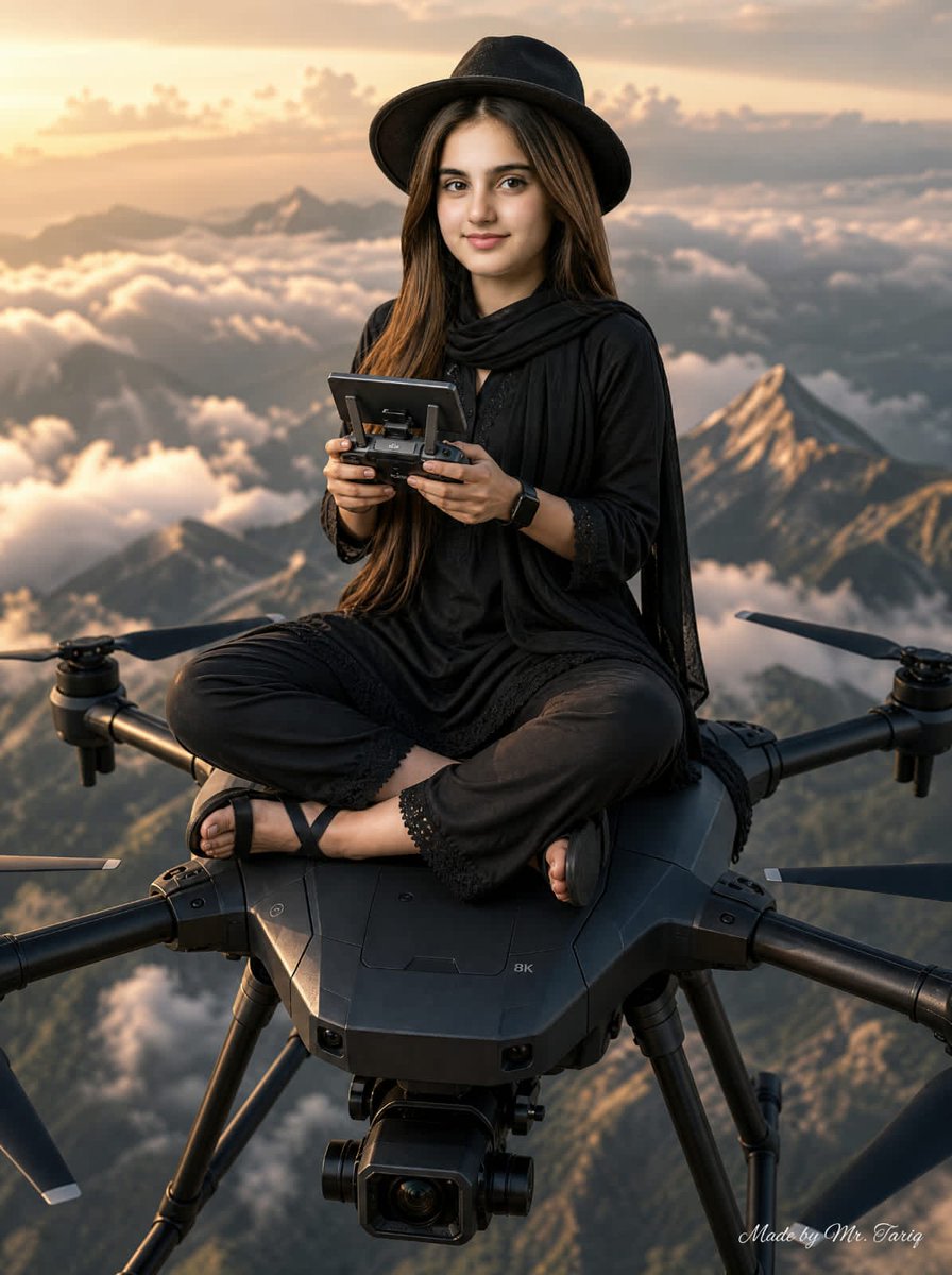 Woman Riding Giant Drone Above Mountains AI image template preview