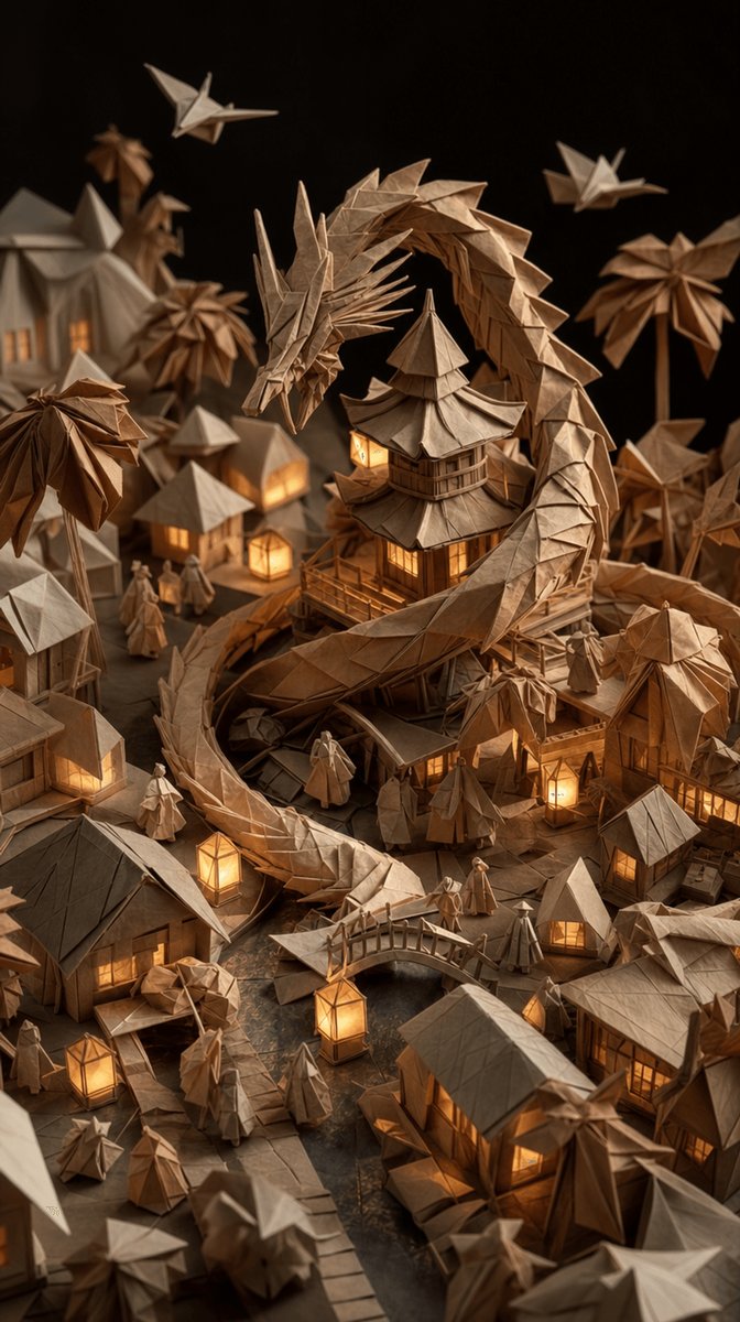 Origami Paper Miniature Village AI image template preview