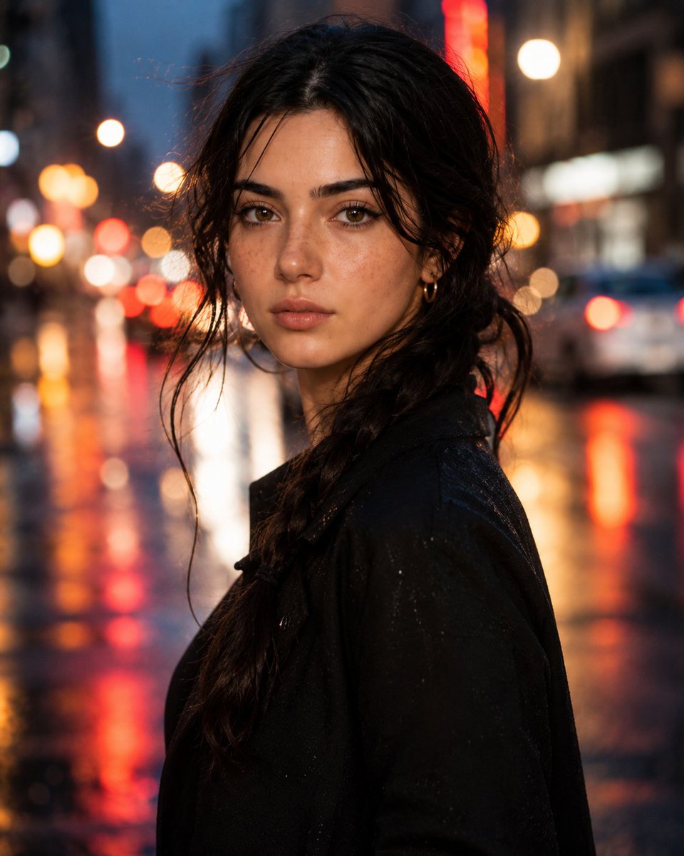 Hyperrealistic Rainy City Portrait AI image template preview