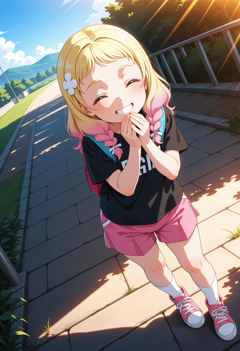 Cheerful Anime Girl on Sunny Sidewalk AI image template preview