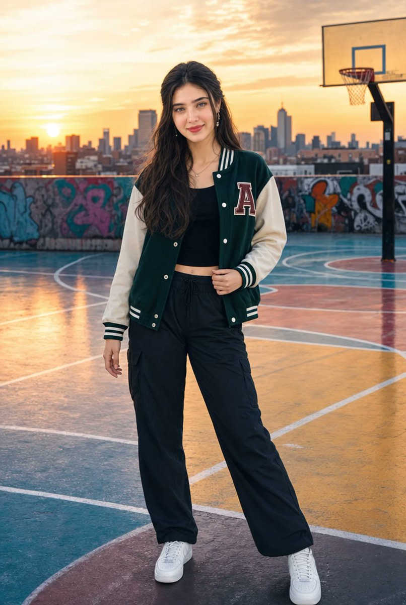 Urban Rooftop Varsity Jacket Portrait AI image template preview