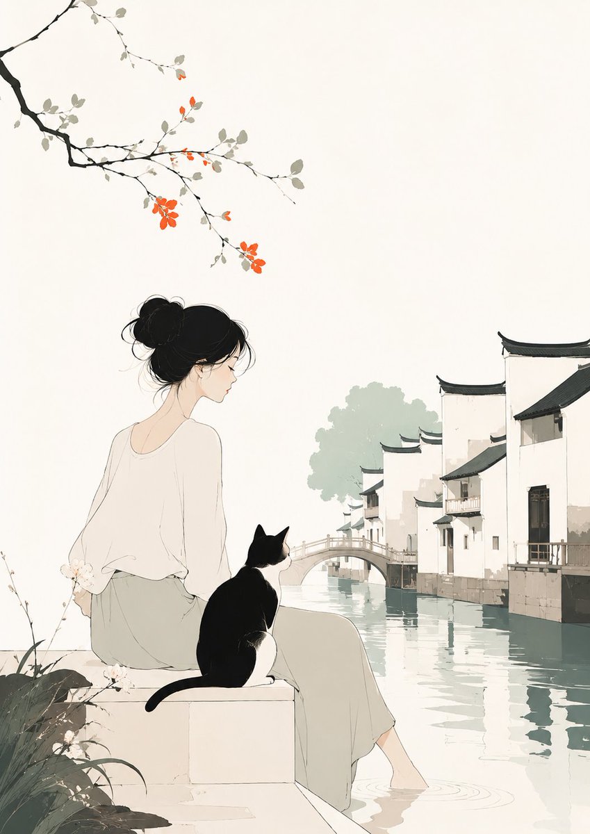 Minimalist Illustration of Girl and Cat AI image template preview