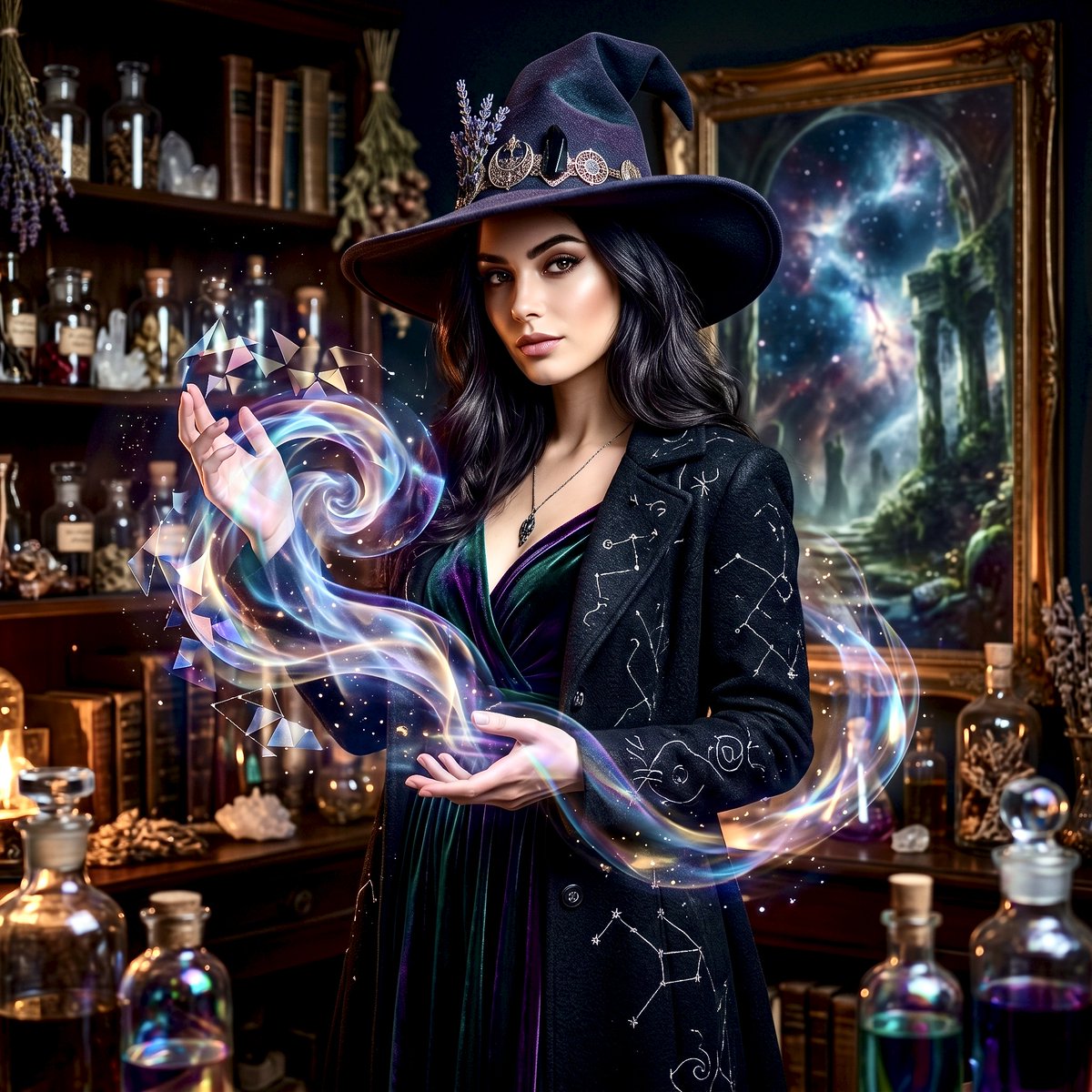 Mystical Witch Apothecary Portrait AI image template preview