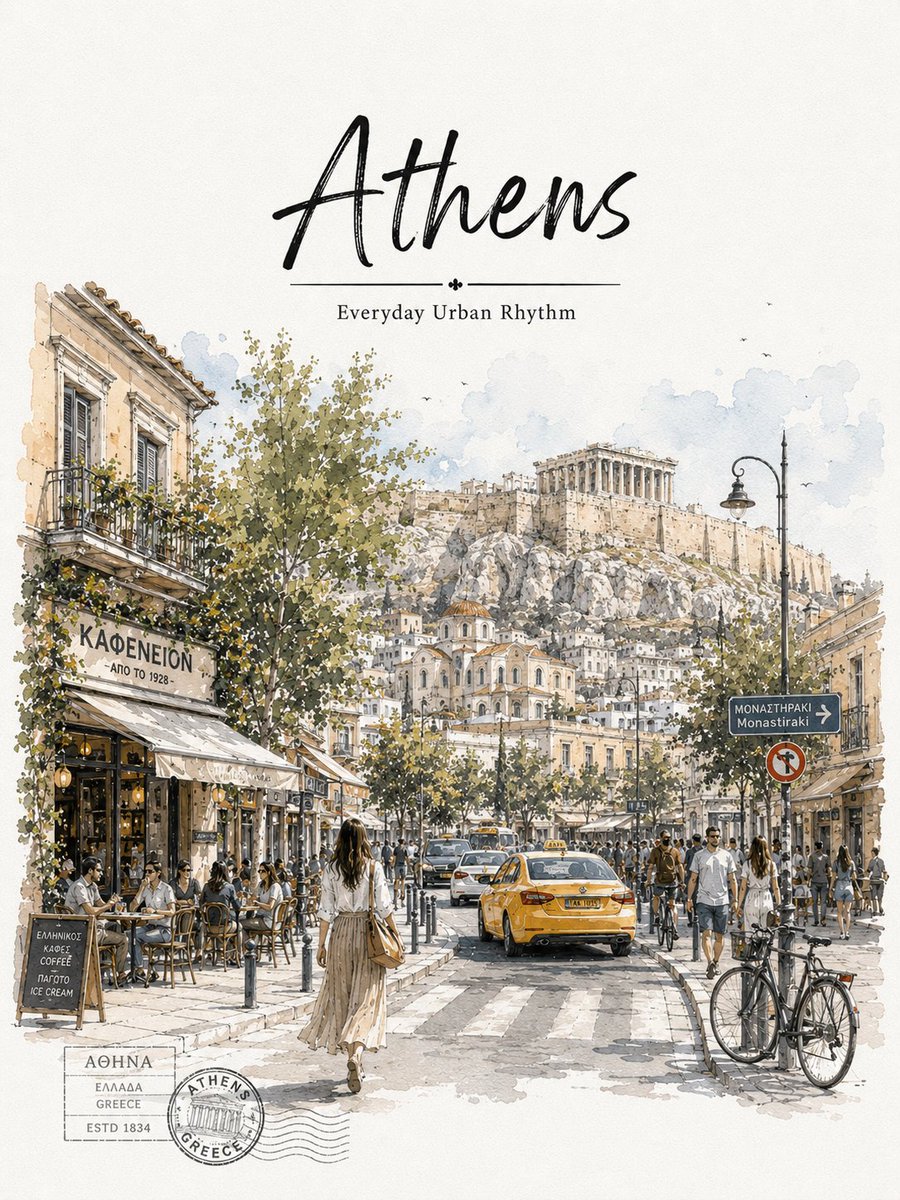 Athens Travel Sketch and Watercolor Poster AI image template preview