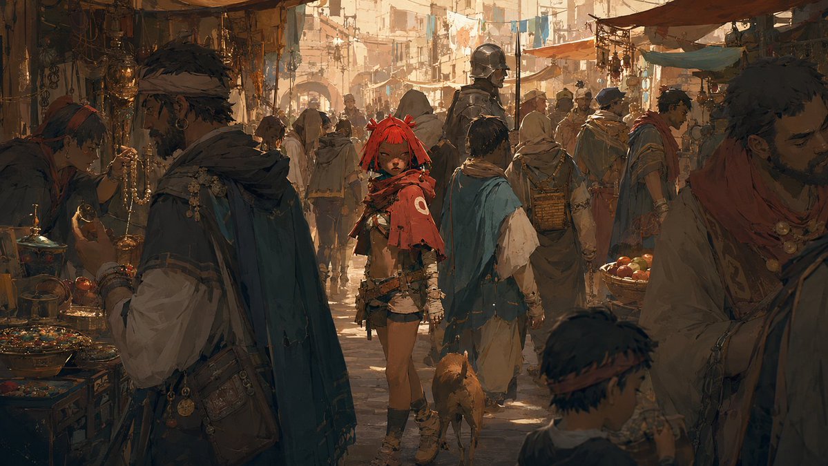 Cinematic Bustling Market Scene Sketch AI image template preview