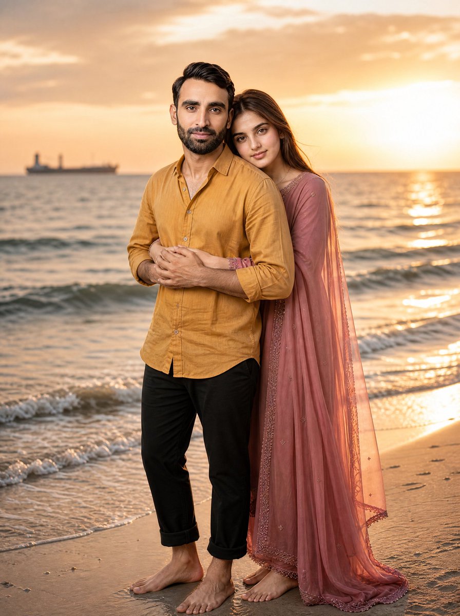 Romantic Beach Sunset Couple AI image template preview