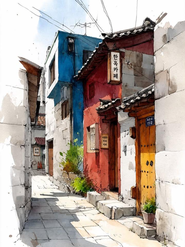 Watercolor Korean Hanok Village Sketch AI image template preview