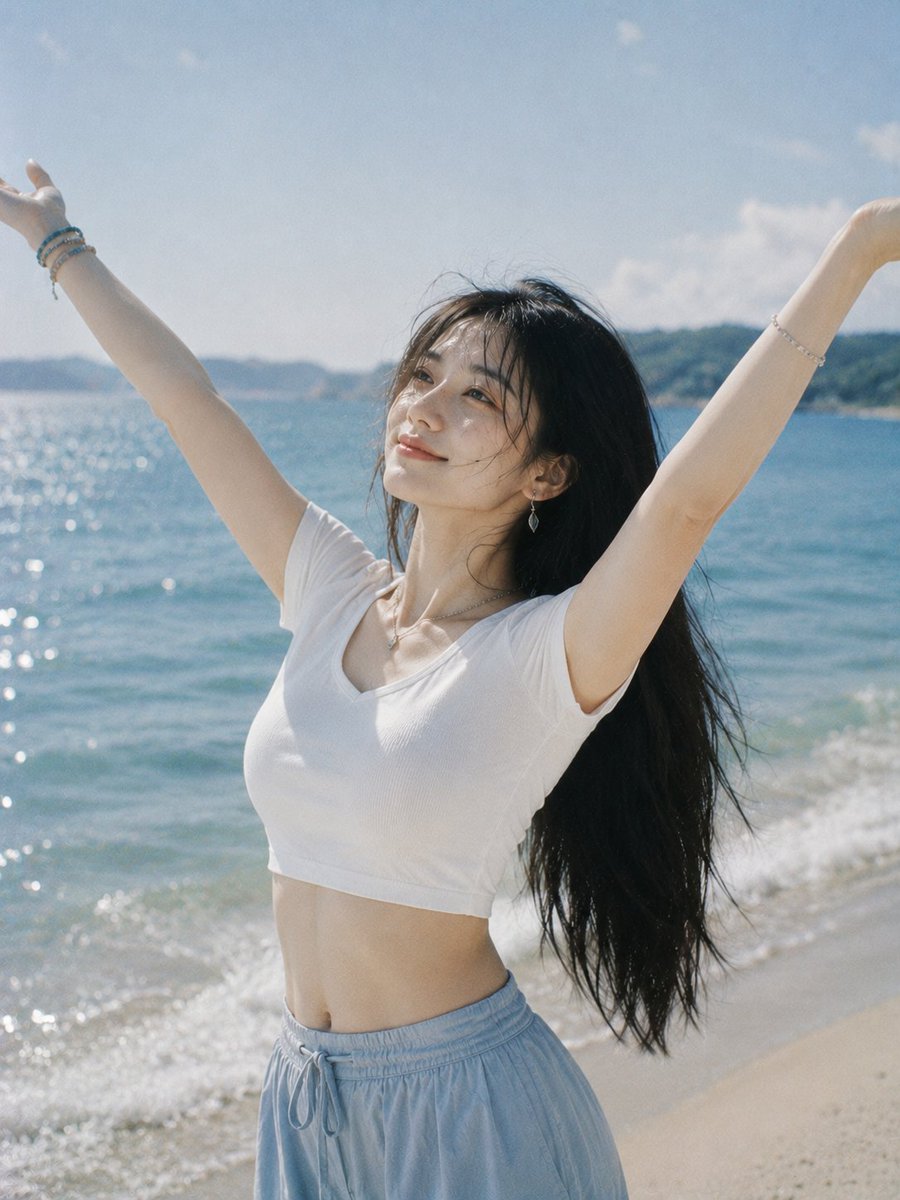 Joyful Woman Raising Arms at Beach AI image template preview