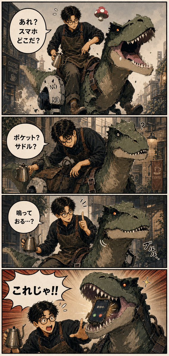 Four-Panel Smartphone T-Rex Manga AI image template preview