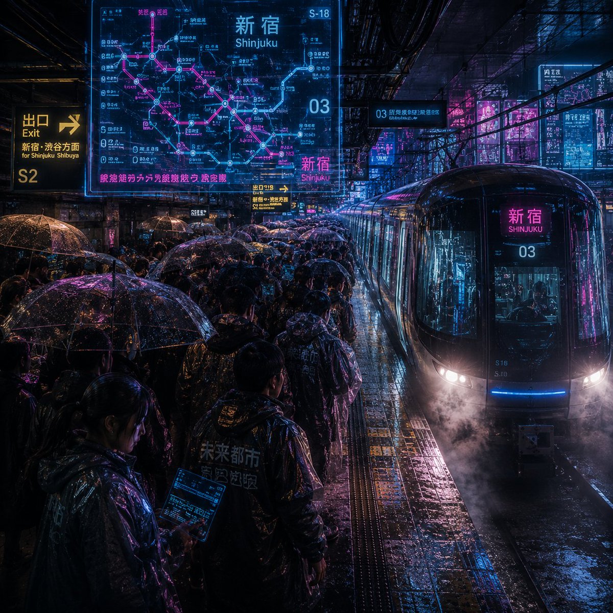 Noisy Cyberpunk Shinjuku Rain Platform AI image template preview