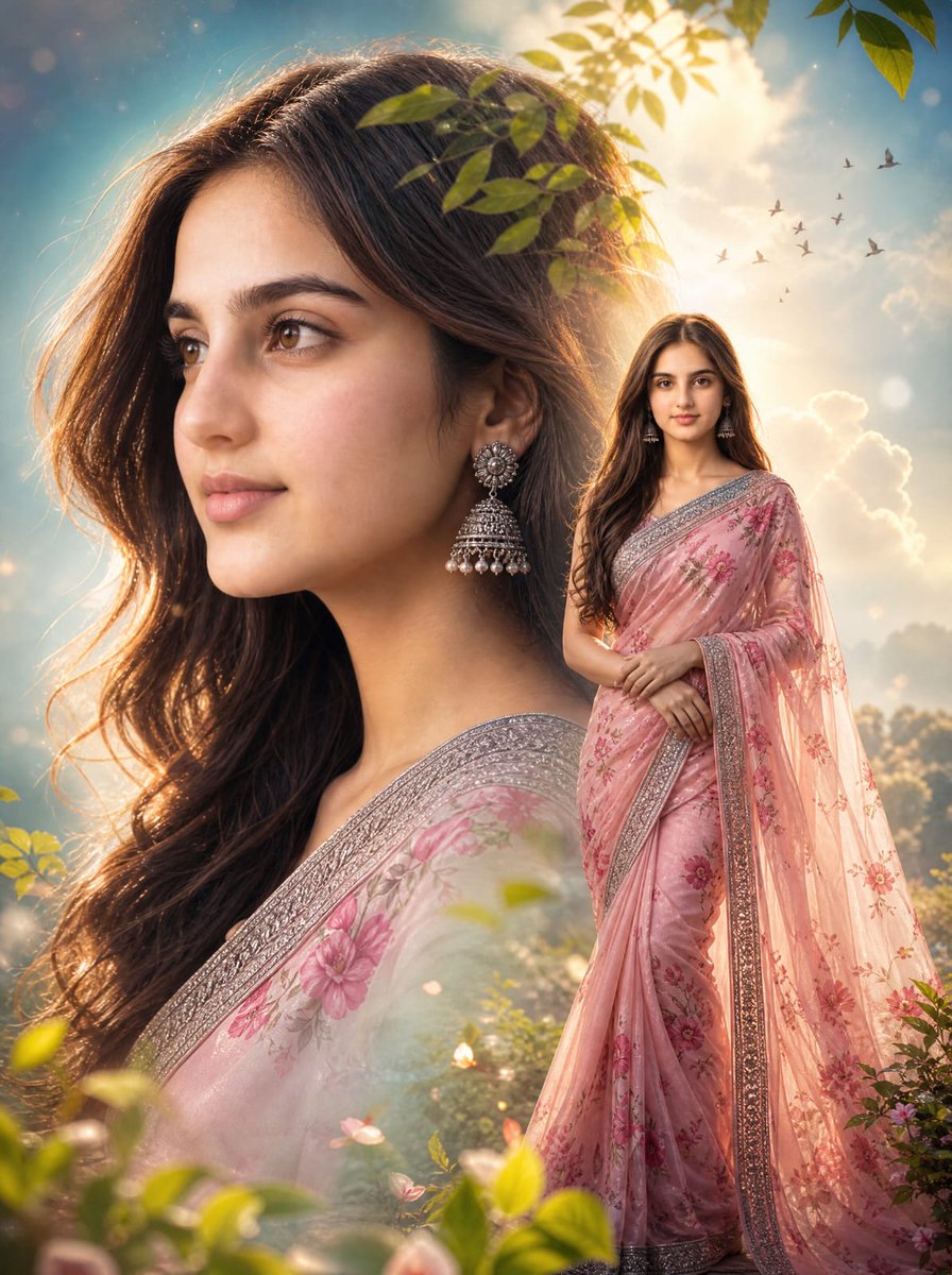 Cinematic Saree Double Exposure Portrait AI image template preview