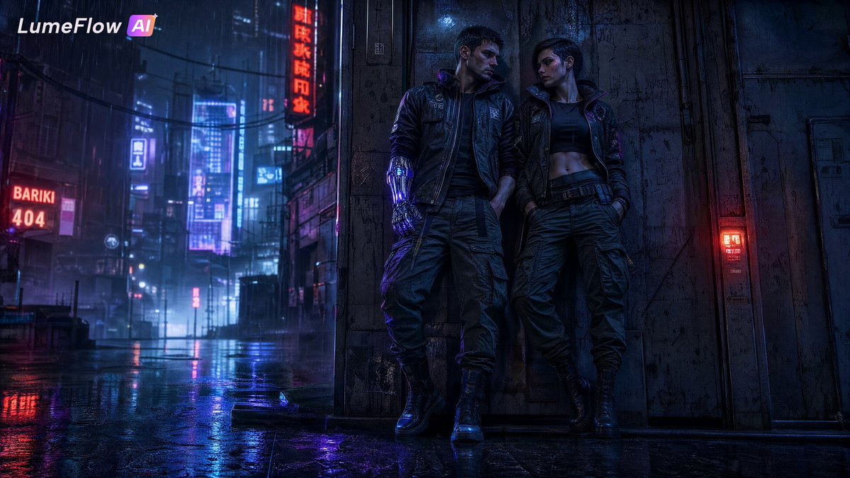 Cyberpunk Couple in Rainy City AI image template preview