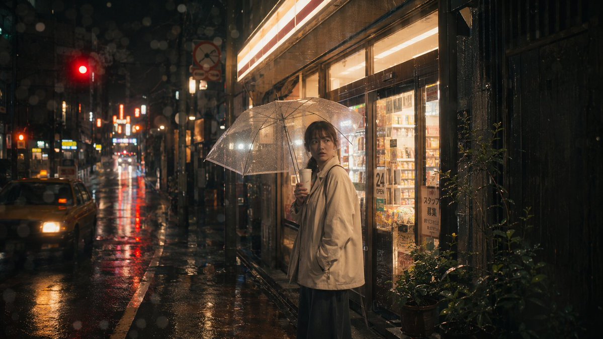 Rainy Tokyo Convenience Store Scene AI image template preview