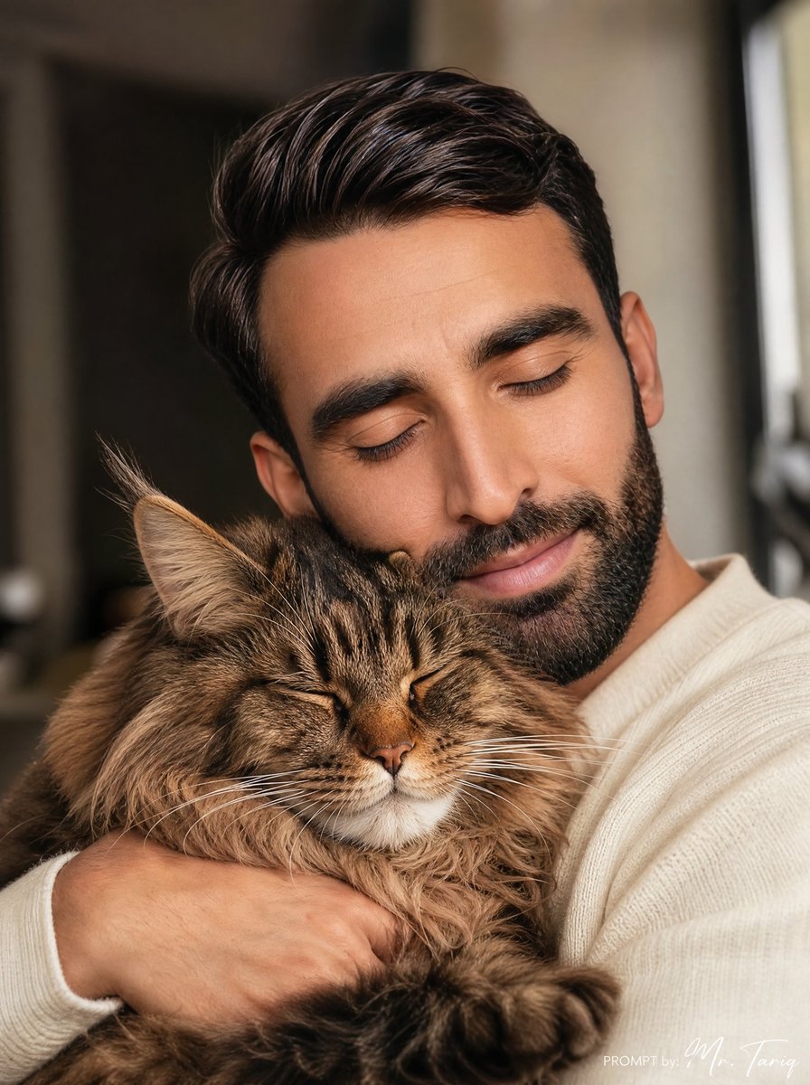 Cozy Man Hugging Maine Coon AI image template preview