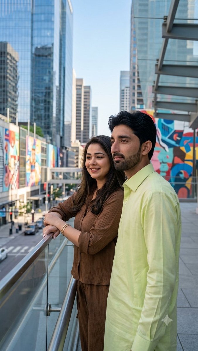 Urban Skywalk Cinematic Couple Portrait AI image template preview