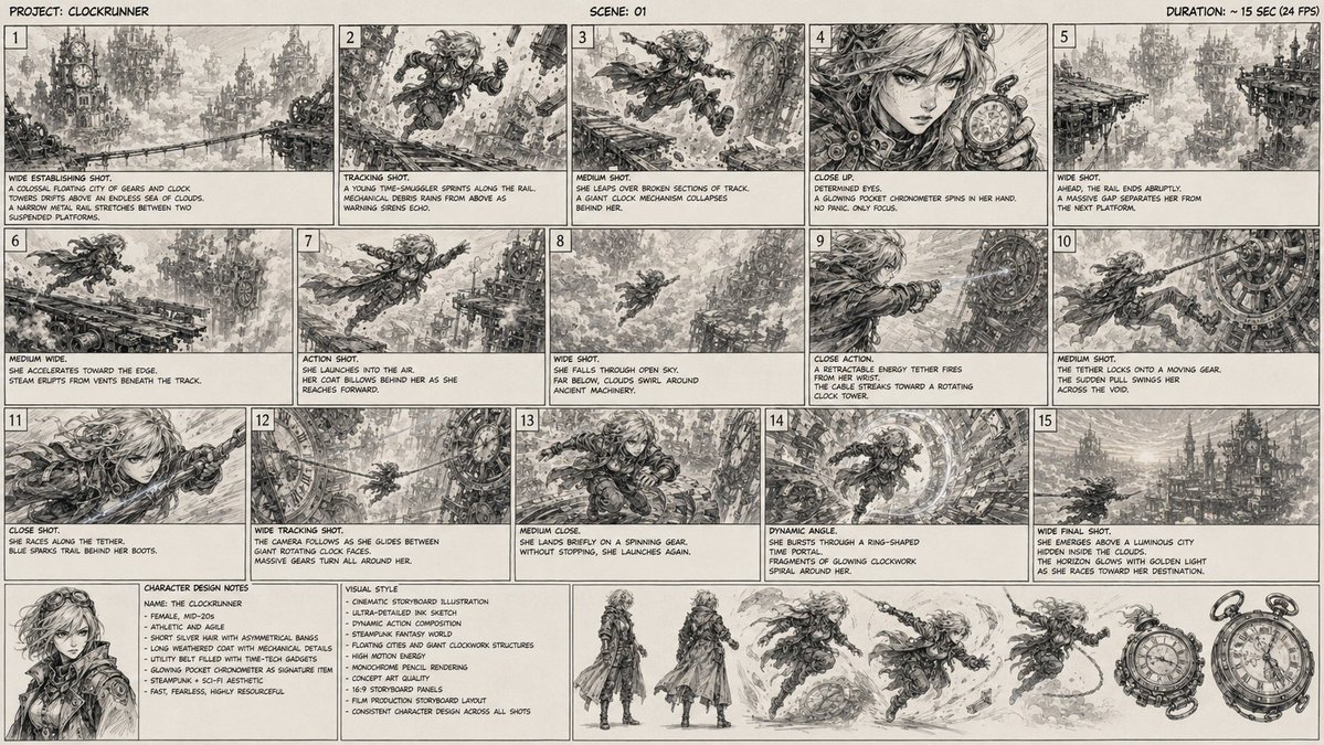 Clockrunner Steampunk Storyboard Sheet AI image template preview