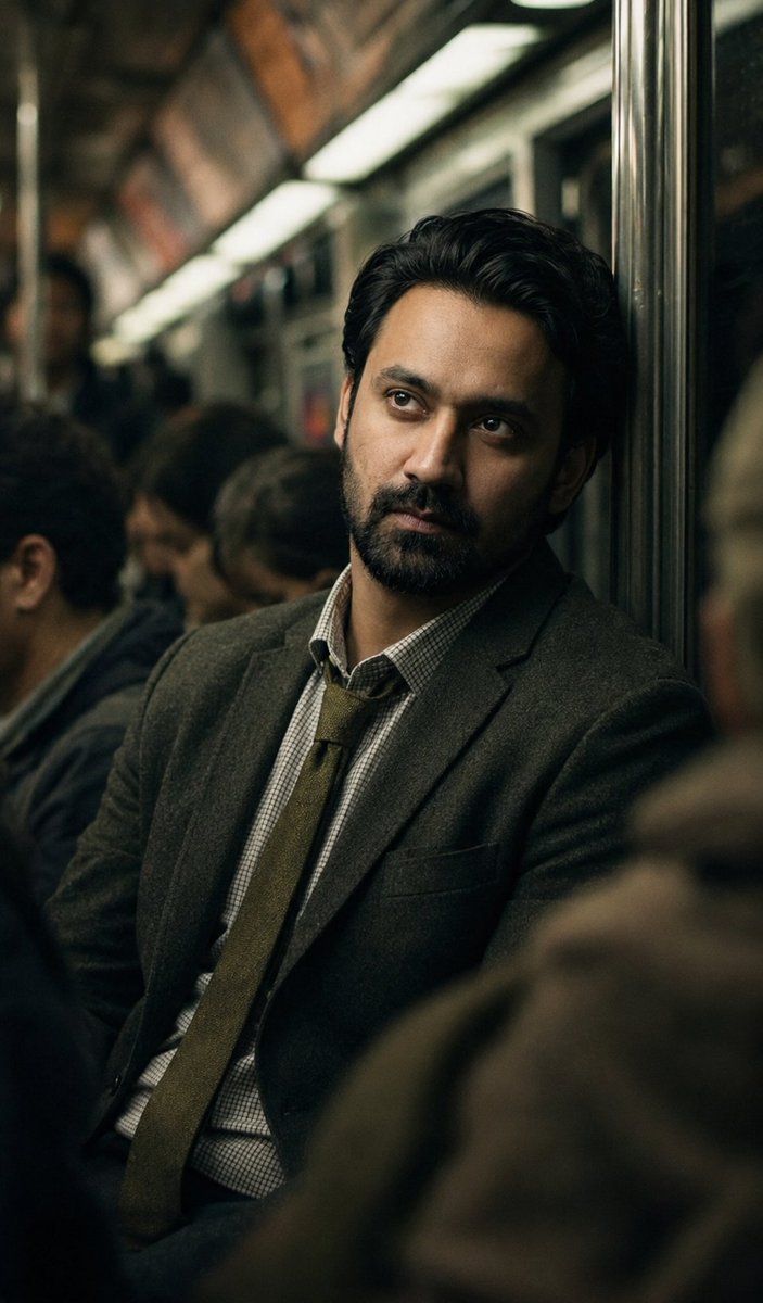Melancholic Subway Commuter Portrait AI image template preview
