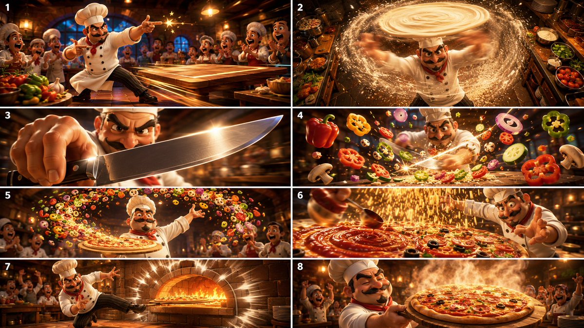 Cinematic Karate Pizza Chef Storyboard AI image template preview